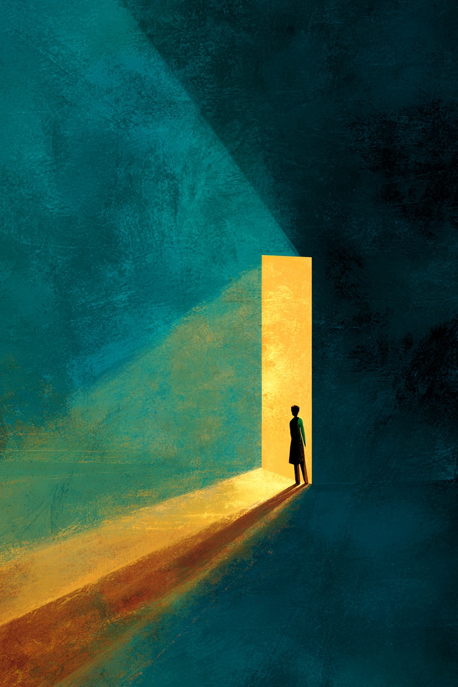 Stylized illustration of a door opening slightly, warm golden and turquoise light streaming through the gap, a soft silhouette of a human figure standing in the light, painterly and artistic style, petrol teal and marine blue shadows, warm golden light contrasting with cool tones, sense of threshold and possibility, intimate and hopeful atmosphere, minimal and elegant composition, no text --ar 2:3 --raw --v 7 Job ID: 3c002017-f3aa-4ff4-8a23-bb6601ec2544