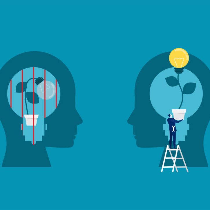 businessman holding light bulb for put think growth mindset different fixed mindset concept vector