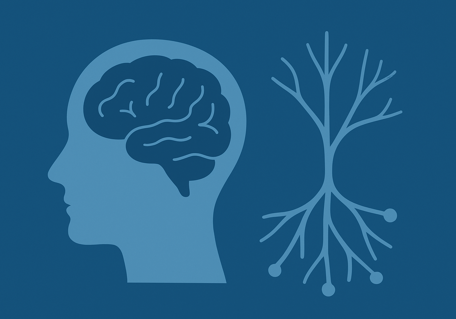 Stilisierte Darstellung eines Kopfes mit Gehirn und daneben eine stilisierte Darstellung von Neuronen bei der Informationsübertragung, in Blautönen