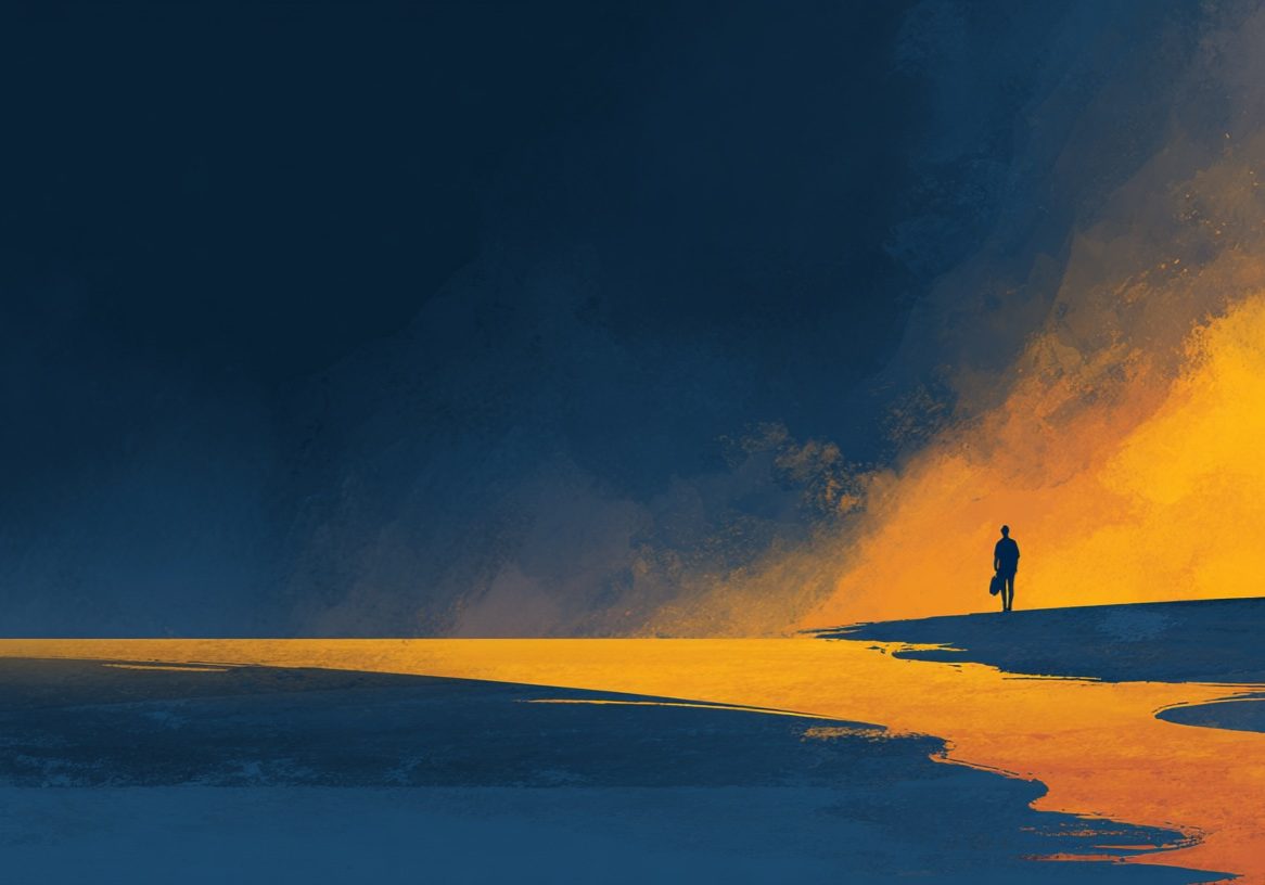 Stylized illustration, left side dark deep navy gradient for text overlay, right side a tiny distant figure standing calmly in a vast open landscape, warm amber and golden light on the horizon, sense of steadiness and quiet courage, painterly artistic style, moody and hopeful atmosphere, minimal elegant composition, no text --ar 16:9 --raw --v 7 Job ID: e3635c8f-bdc6-4ccb-8f1e-5974a7027531