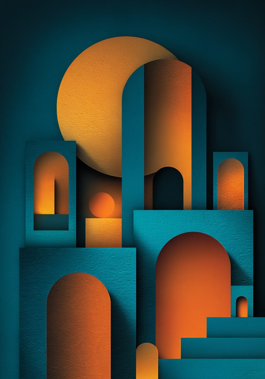 Stylized abstract illustration of multiple geometric openings in different shapes, a tall rectangle, a perfect circle, a wide arch, a small square, each containing warm amber and gold light glowing from within, arranged in an elegant floating composition, deep navy blue and petrol teal background and shadows, sense of multiple portals or windows to light, varying sizes creating depth and rhythm, painterly artistic style, moody and hopeful atmosphere, minimal elegant composition, no text --ar 2:3 --raw --v 7 Job ID: 5ac021e1-896a-4d44-8985-dbbb83121305