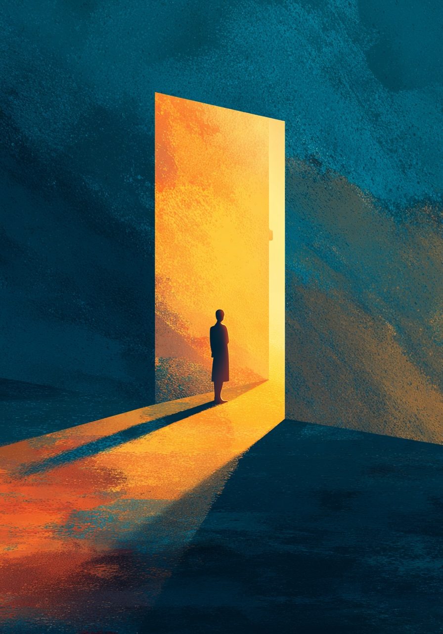 Stylized illustration of a door opening slightly, warm amber and gold light streaming through the gap, soft silhouette of a woman standing in the light, painterly artistic style, deep navy blue and petrol teal shadows, warm amber and gold light accents, colors harmonizing with a marine and turquoise brand palette, moody and hopeful atmosphere, minimal elegant composition, no text --ar 2:3 --raw --v 7 Job ID: bcd2ce2d-0ae8-46cf-9ab5-136ae5fe4773