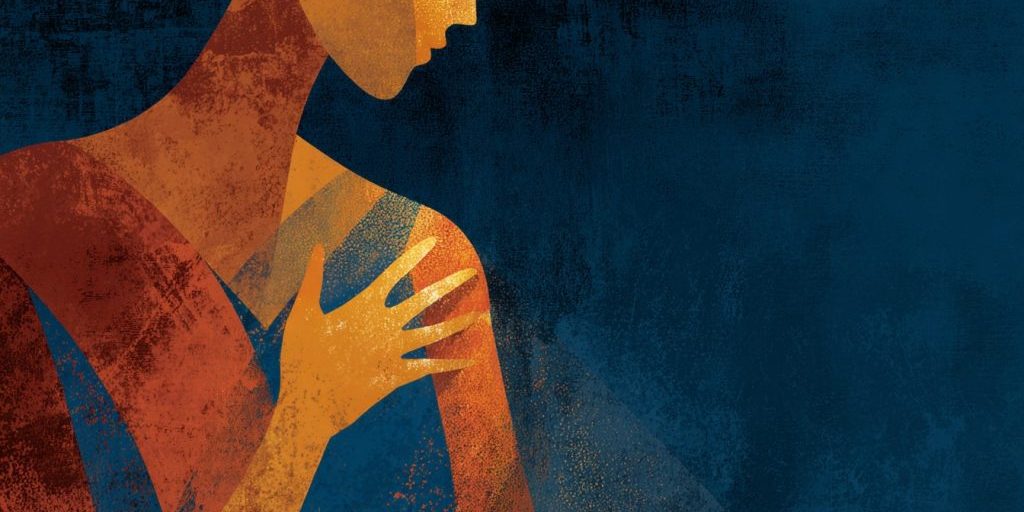Stylized illustration of a single figure gently touching their own chest or collarbone, soft and intimate gesture, warm amber and terracotta tones, deep navy blue shadows, golden light, sense of inner calm and self-connection, painterly artistic style, moody and hopeful atmosphere, minimal elegant composition, no text --ar 3:2 --raw --v 7 Job ID: a0e68ced-bd6a-4d81-814a-151b138ca9e8