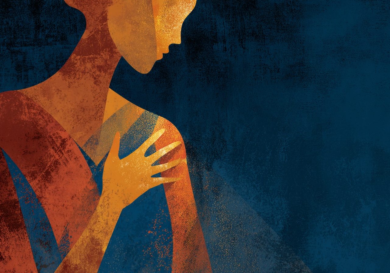 Stylized illustration of a single figure gently touching their own chest or collarbone, soft and intimate gesture, warm amber and terracotta tones, deep navy blue shadows, golden light, sense of inner calm and self-connection, painterly artistic style, moody and hopeful atmosphere, minimal elegant composition, no text --ar 3:2 --raw --v 7 Job ID: a0e68ced-bd6a-4d81-814a-151b138ca9e8