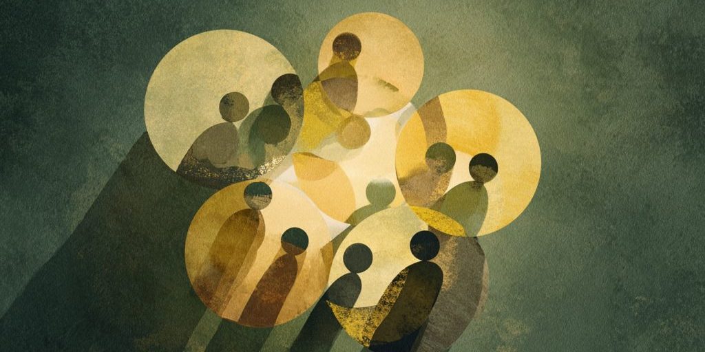 Stylized illustration of several tiny abstract figures arranged in a circle or constellation, seen from slightly above, warm sage green and olive tones, soft golden light, deep navy shadows, sense of relationship and pattern, painterly artistic style, moody and hopeful atmosphere, minimal elegant composition, no text --ar 3:2 --raw --v 7 Job ID: 66c4f160-93bb-4e42-99c2-2354b97cd725