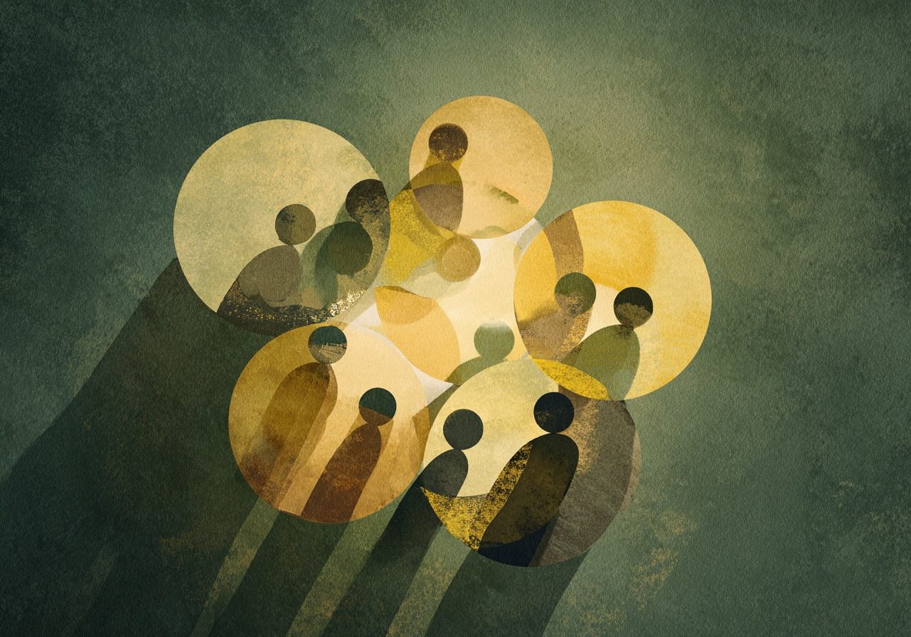 Stylized illustration of several tiny abstract figures arranged in a circle or constellation, seen from slightly above, warm sage green and olive tones, soft golden light, deep navy shadows, sense of relationship and pattern, painterly artistic style, moody and hopeful atmosphere, minimal elegant composition, no text --ar 3:2 --raw --v 7 Job ID: 66c4f160-93bb-4e42-99c2-2354b97cd725
