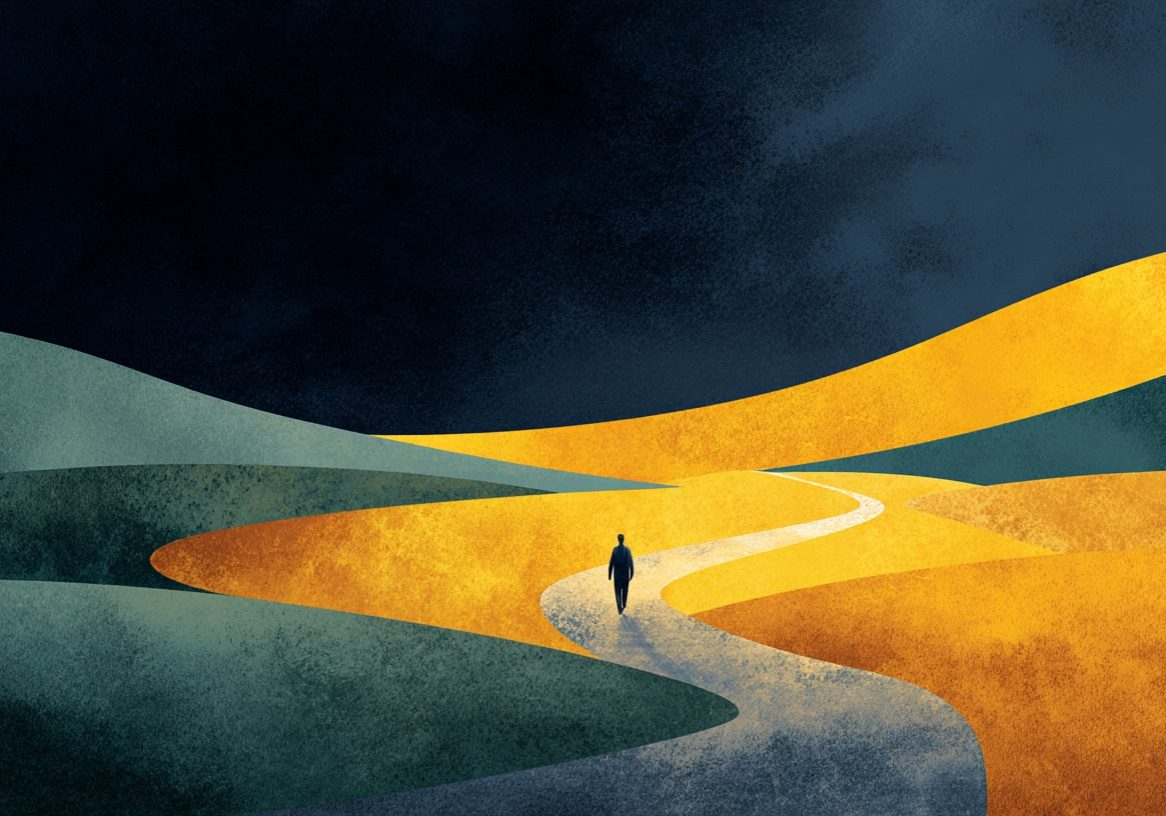 Stylized illustration, left side dark deep navy gradient for text overlay, right side a winding path gently curving toward warm golden light, soft sage green and ochre tones, sense of a new direction becoming clear, tiny distant figure taking a step, painterly artistic style, moody and hopeful atmosphere, minimal elegant composition, no text --ar 16:9 --raw --v 7 Job ID: 7c6e23c6-060a-48c3-941f-782ca831a147