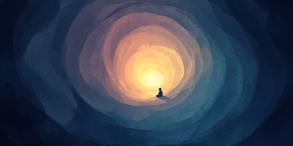 Stylized illustration of a figure resting deeply, surrounded by soft concentric rings of light, deep indigo and violet tones, warm golden glow at the center, sense of depth and inner journey, dreamlike and peaceful, painterly artistic style, moody and hopeful atmosphere, minimal elegant composition, no text --ar 3:2 --raw --v 7 Job ID: 946af699-f2e3-4154-b300-577ada1e7d9f