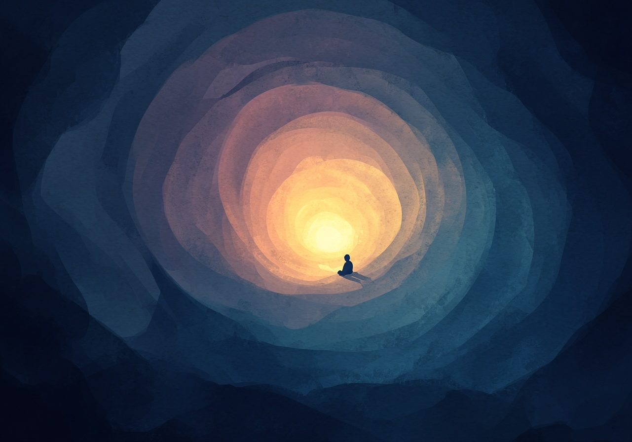 Stylized illustration of a figure resting deeply, surrounded by soft concentric rings of light, deep indigo and violet tones, warm golden glow at the center, sense of depth and inner journey, dreamlike and peaceful, painterly artistic style, moody and hopeful atmosphere, minimal elegant composition, no text --ar 3:2 --raw --v 7 Job ID: 946af699-f2e3-4154-b300-577ada1e7d9f