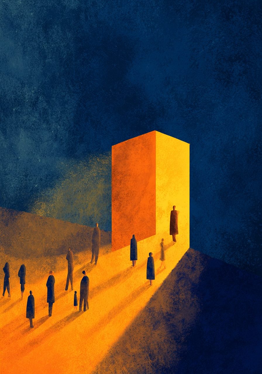 Stylized illustration of several tiny minimal human silhouettes seen from a distance, gathered and moving in a warmly lit interior space, a regular sized door open to one side letting in amber and gold light, figures small and distant, neutral and androgynous, no details no features, casual and natural movement, intimate and grounded atmosphere not monumental or religious, painterly artistic style, deep navy blue and petrol teal shadows, warm amber and gold light accents, colors harmonizing with a marine and turquoise brand palette, hopeful and warm atmosphere, minimal elegant composition, no text --ar 2:3 --raw --v 7 Job ID: ad1eef64-553d-4d96-a1a0-295fcd72ac2b