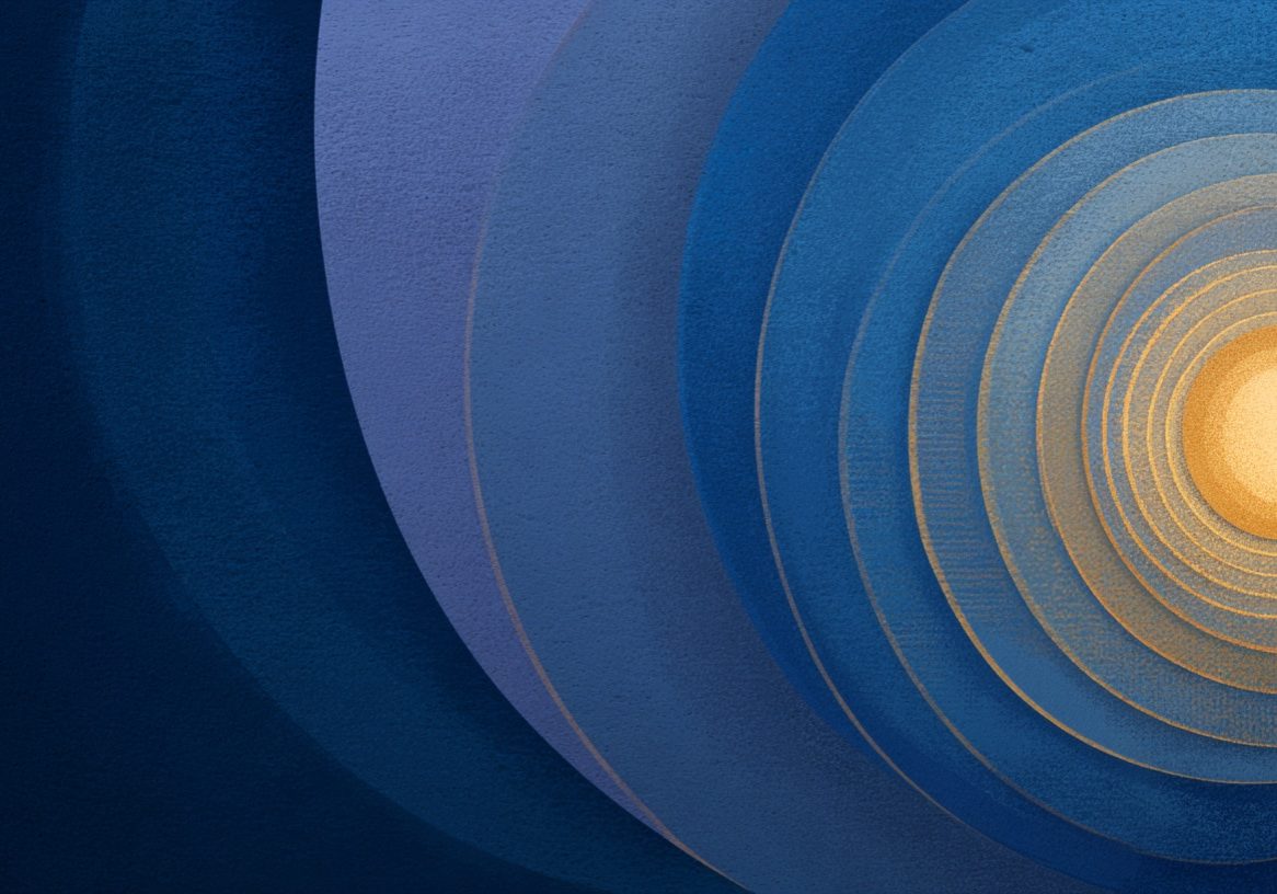 Stylized illustration, left side dark deep navy gradient for text overlay, right side soft concentric circles of light expanding outward, deep indigo and marine blue tones, warm golden glow at the center, sense of rhythm and inner balance, painterly artistic style, moody and hopeful atmosphere, minimal elegant composition, no text --ar 16:9 --raw --v 7 Job ID: 18ea33c9-4758-48e3-9a2d-97b8c549586f