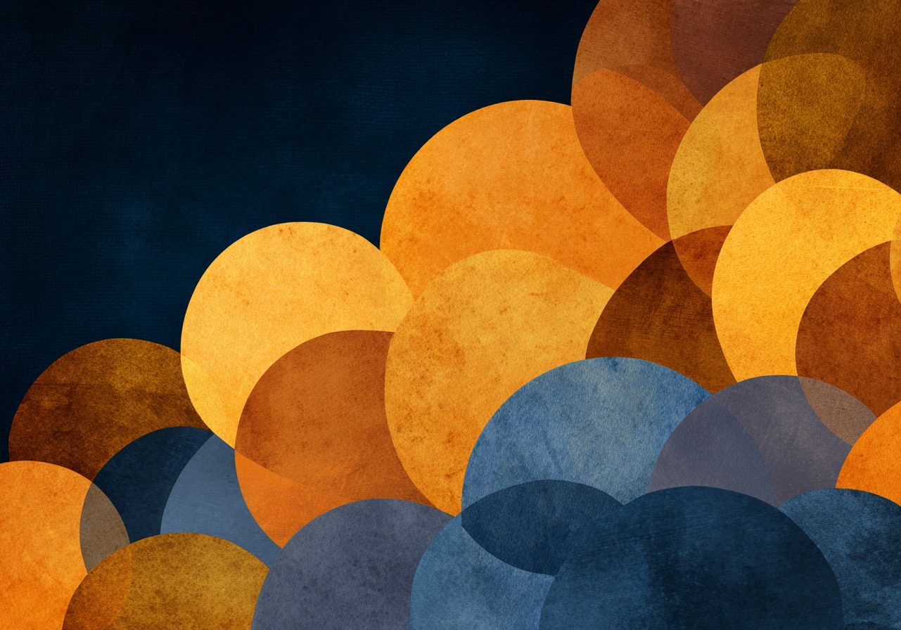 Stylized illustration of abstract geometric forms gradually arranging themselves into a clear harmonious pattern, warm ochre and gold tones, deep navy blue background, sense of clarity emerging from complexity, painterly artistic style, moody and hopeful atmosphere, minimal elegant composition, no text --ar 3:2 --raw --v 7 Job ID: 6eafd599-5cc5-4ffb-9f7a-9e58c452bb00