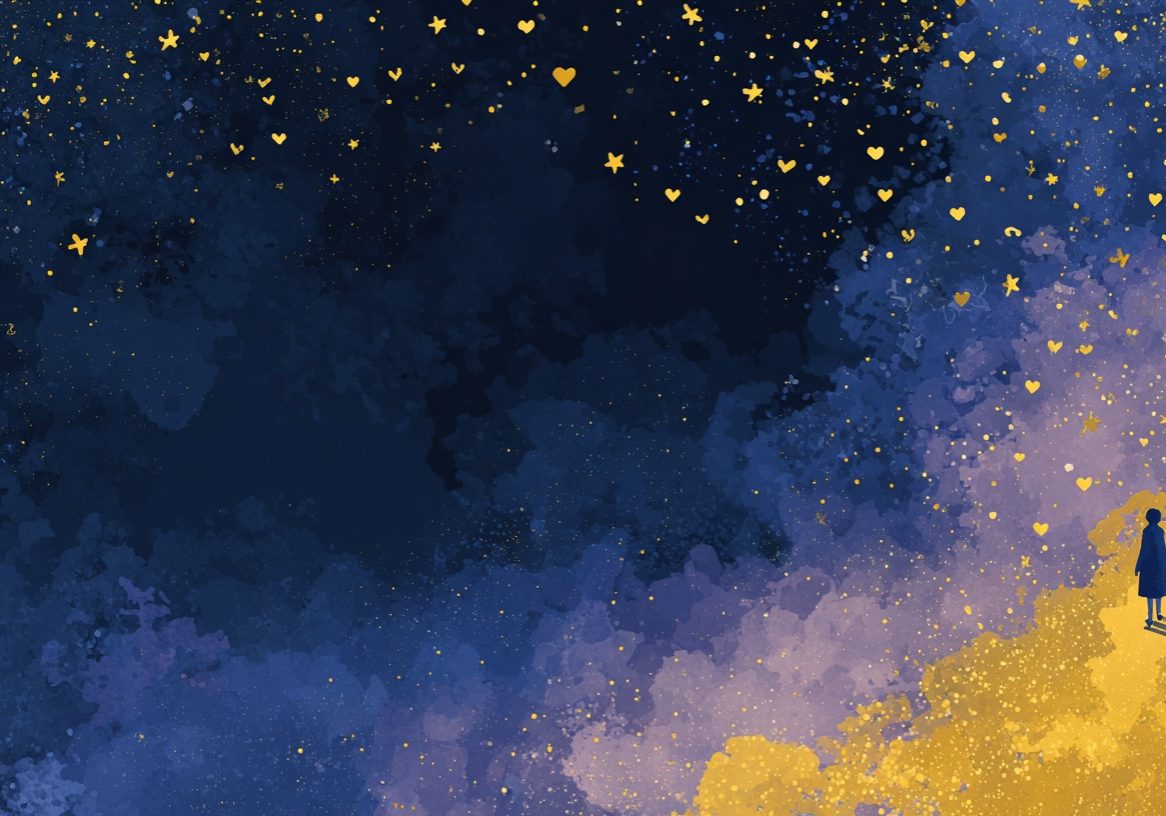 Stylized illustration, left side dark deep navy gradient for text overlay, right side vast dark night sky with golden stars and tiny hearts raining down gently, a single tiny distant genderless silhouette standing far below with arms slightly open, figure very small in the vast space, warm gold and soft mauve tones, deep navy background, luminous and joyful atmosphere, magical yet grounded, painterly artistic style, hopeful and radiant atmosphere, minimal elegant composition, no text --ar 16:9 --raw --v 7 Job ID: 170afccb-b8ba-48c7-b27d-0c0bb3d1ed69