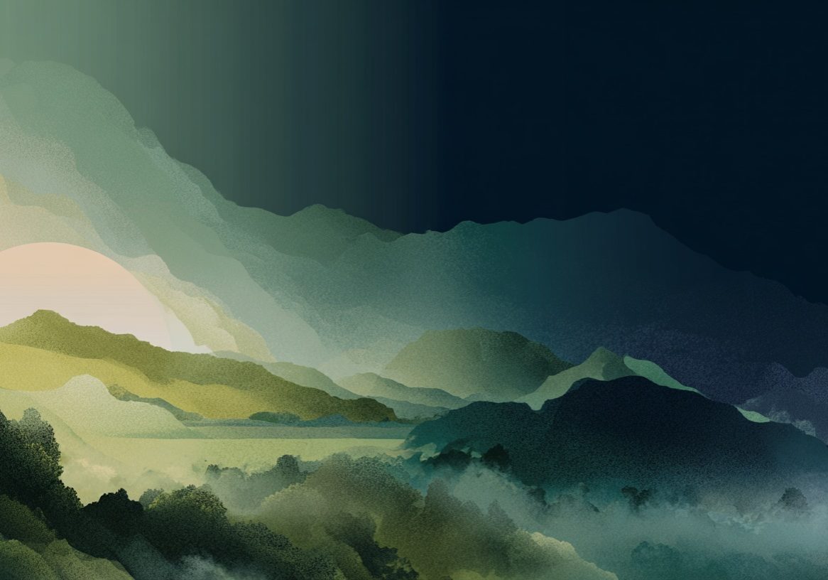 Stylized illustration, left side dark deep navy gradient for text overlay, right side soft layered landscape emerging from mist, warm light breaking gently through, deep olive and sage green tones, sense of something difficult becoming bearable and then clear, no explicit figures, painterly artistic style, moody and hopeful atmosphere, minimal elegant composition, no text --ar 16:9 --raw --v 7 Job ID: 41f46083-e1ab-4edf-8484-8a2d86385117