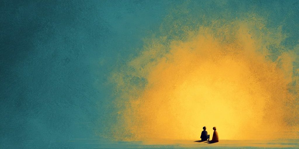 Stylized illustration of two tiny distant figures sitting or standing close together in a vast warm space, sense of quiet presence and safety, sheltered and harmonious atmosphere, soft petrol teal and marine blue tones, warm amber light surrounding them gently, painterly artistic style, moody and nurturing atmosphere, minimal elegant composition, no text --ar 3:2 --raw --v 7 Job ID: 5d92b284-38b5-44b3-8a53-756298ee59f5