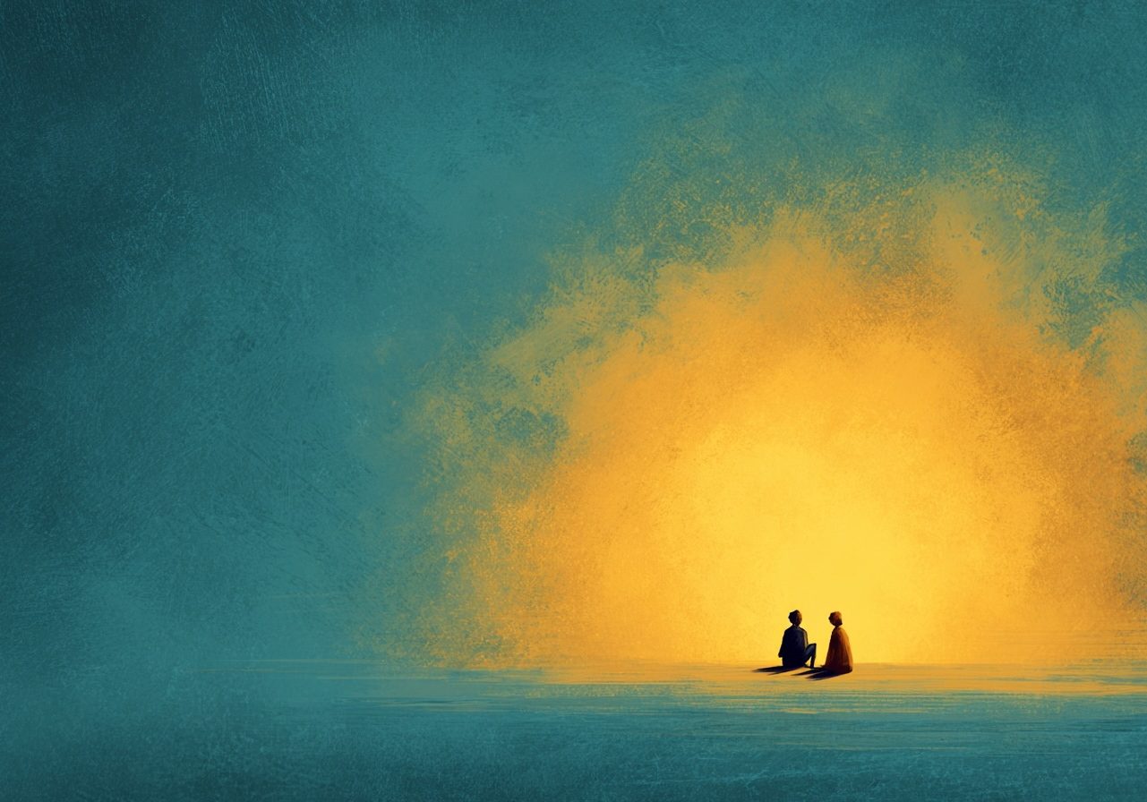 Stylized illustration of two tiny distant figures sitting or standing close together in a vast warm space, sense of quiet presence and safety, sheltered and harmonious atmosphere, soft petrol teal and marine blue tones, warm amber light surrounding them gently, painterly artistic style, moody and nurturing atmosphere, minimal elegant composition, no text --ar 3:2 --raw --v 7 Job ID: 5d92b284-38b5-44b3-8a53-756298ee59f5