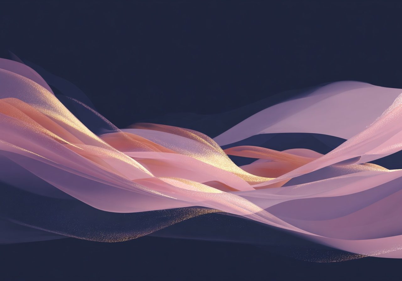 Stylized abstract illustration suggesting rhythmic movement and flow, soft fluid forms in motion, sense of breath and freedom, no explicit figure or pose, gender neutral and open, warm mauve and dusty rose tones, golden light, deep navy shadows, feeling of expansion and ease, painterly artistic style, moody and hopeful atmosphere, minimal elegant composition, no text --ar 3:2 --raw --v 7 Job ID: 57ce3315-7e0b-4546-b535-091ed910f682